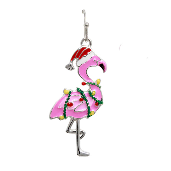Holiday Pink Flamingo Hook Earrings with Santa Hat and Christmas Lights - Picture 3 of 3